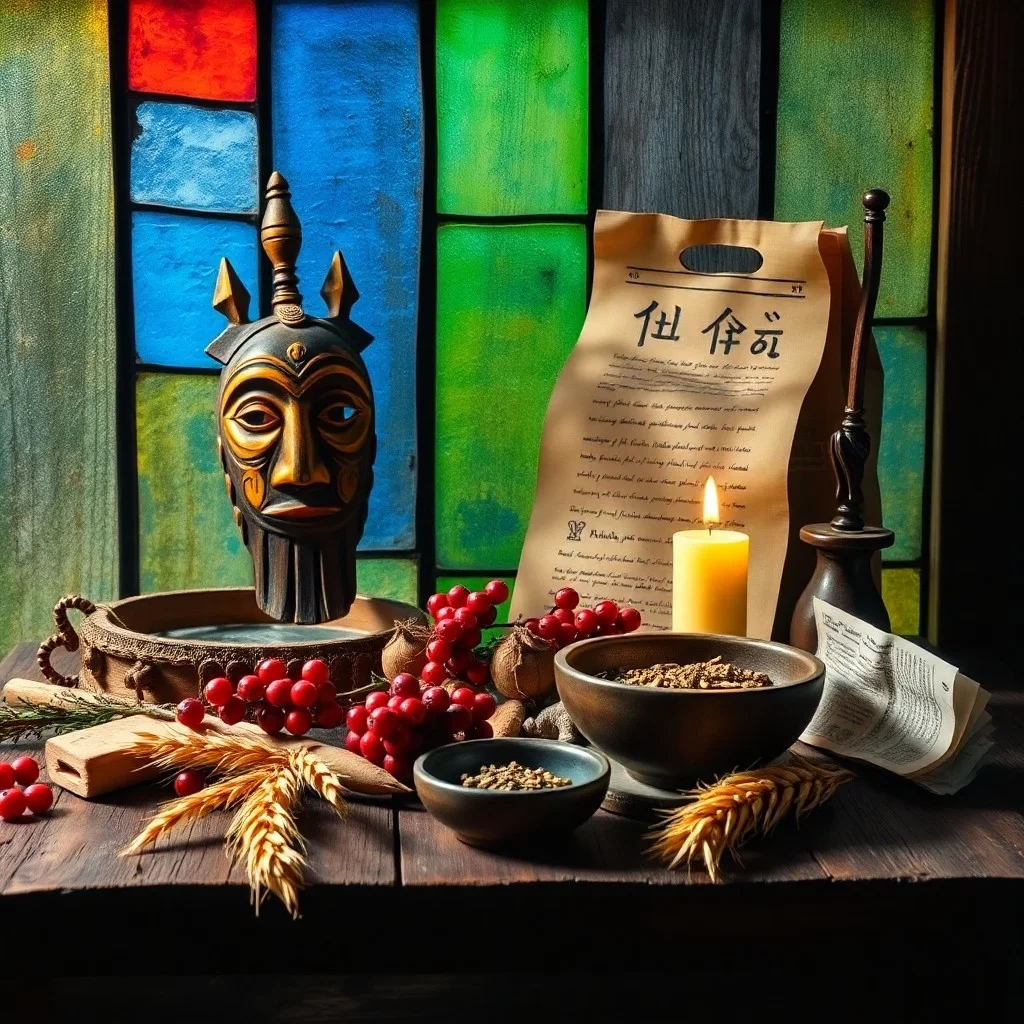Fotografía cinematográfica de un bodegón con una lámpara de aceite, una máscara tallada y un pergamino antiguo sobre una mesa de madera.