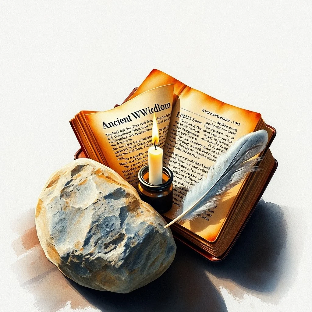Diario estoico de cuero abierto con escritura a mano y piedra de río