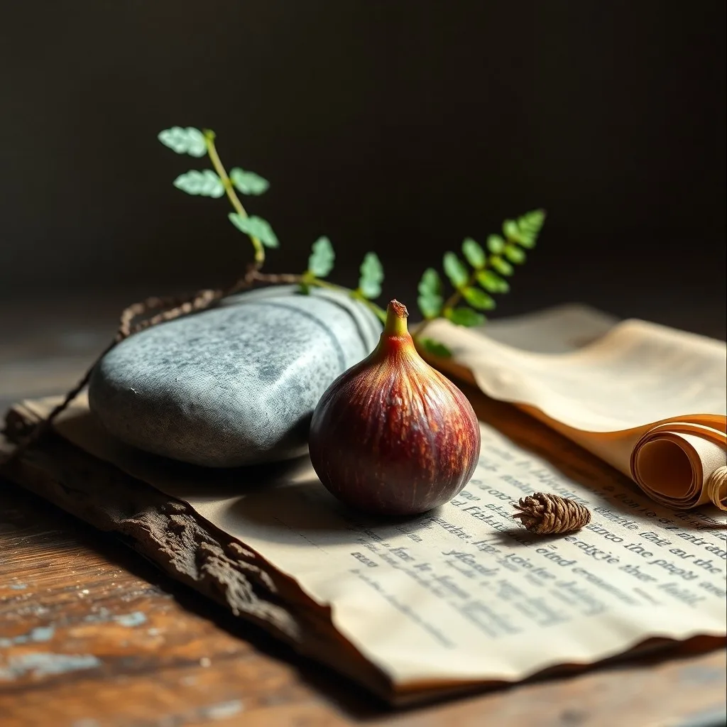Detalle de una antigua tablilla de piedra con inscripciones griegas, de la que brota un pequeño tallo verde, simbolizando la persistencia de la sabiduría estoica.
