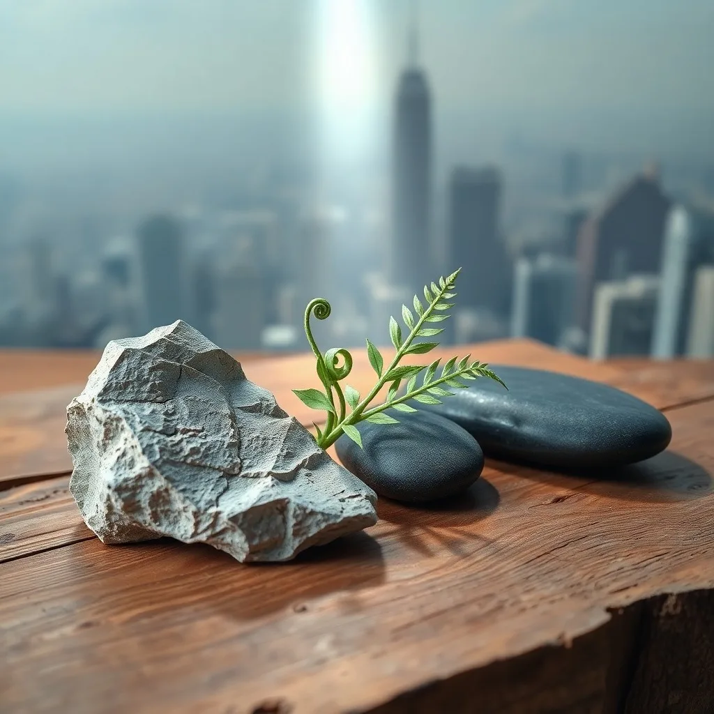 Ilustración 3D de piedra resistente en un mar digital caótico