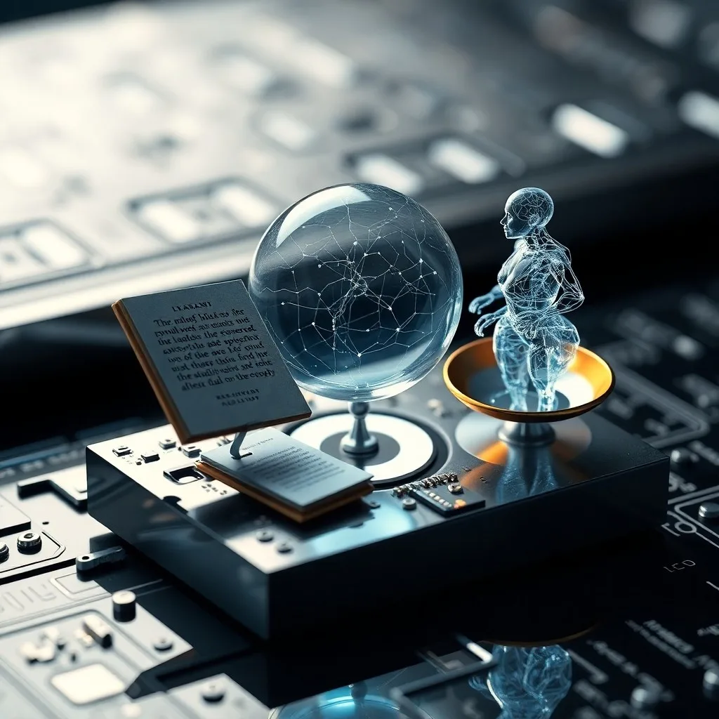 Pila de textos filosóficos antiguos y un chip de datos futurista, contrastando el pensamiento histórico con la tecnología moderna, en una fotografía macro de primer plano.