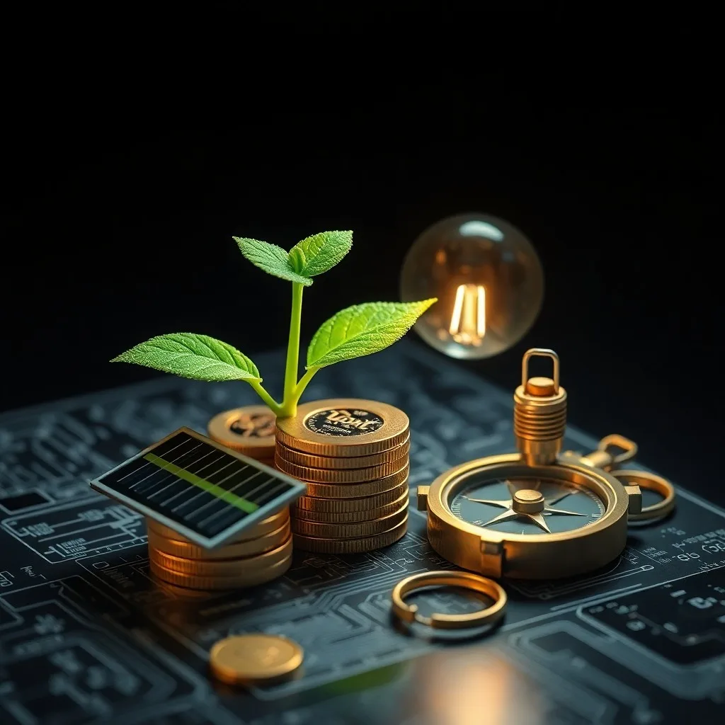 Bodegón de un escritorio con un plano de turbina eólica, lupa y planta, simbolizando la planificación y el crecimiento en finanzas verdes.