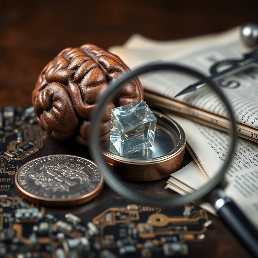 Libro de contabilidad antiguo con una brújula errática, monedas y una manzana mordida, con iluminación dramática.
