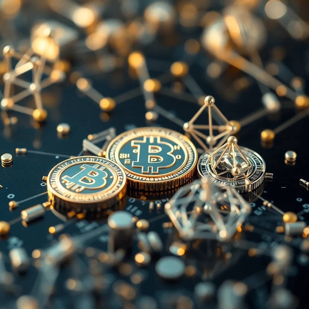 Monedas digitales y tokens sobre un ledger, simbolizando activos DeFi.