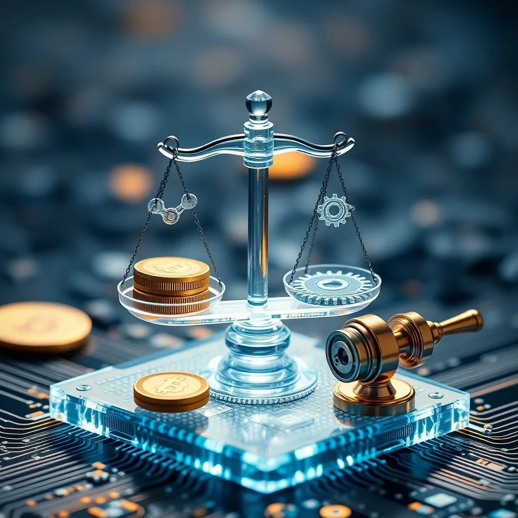 Tokens digitales brillantes sobre un pedestal, con código de contrato inteligente proyectado, simbolizando el poder de la gobernanza DeFi.