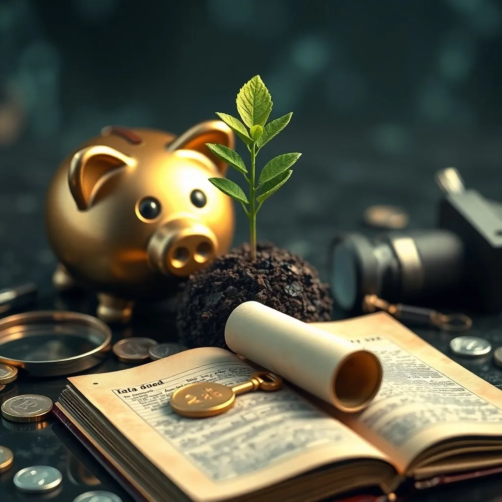 Bodegón cinematográfico de un escritorio ordenado con un libro de contabilidad antiguo, una pluma estilográfica, billetes apilados y un ábaco. Iluminación cálida que realza las texturas.