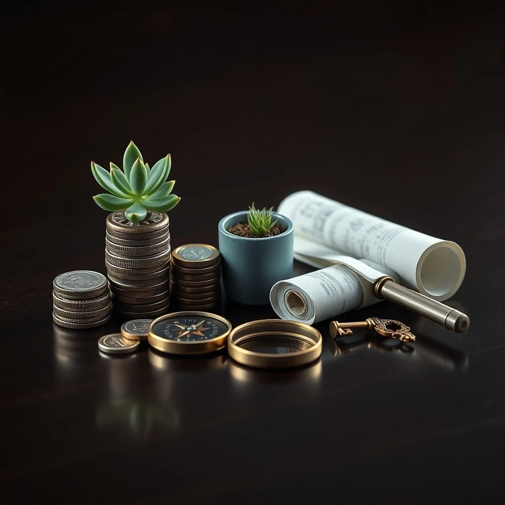 Renderizado 3D de una composición dinámica con un gráfico de bolsa ascendente entrelazado con un símbolo de dólar estilizado, rodeado de formas geométricas que representan la diversificación. Tonos azules y verdes.