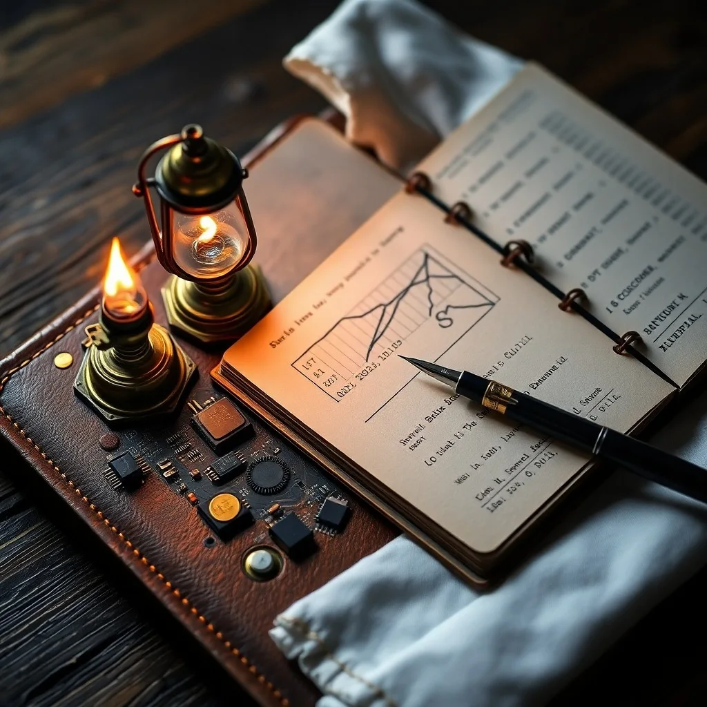 Un antiguo diario médico de cuero abierto en una página con notas manuscritas y gráficos, junto a una pluma de ave y un tintero, sobre un escritorio de madera pulida bajo una luz suave.