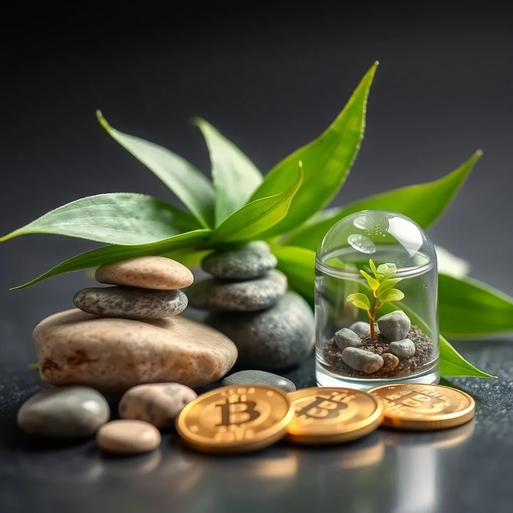 Balanza con una planta verde en un lado y símbolos de dinero en el otro, en perfecto equilibrio.