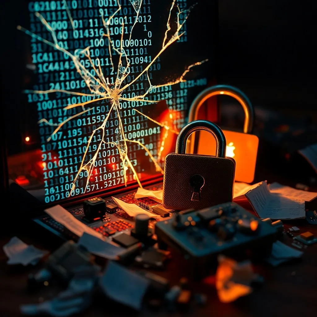 Rack de servidores con escudos de seguridad azules y un candado roto en el suelo, representando la protección de datos y la vulnerabilidad.