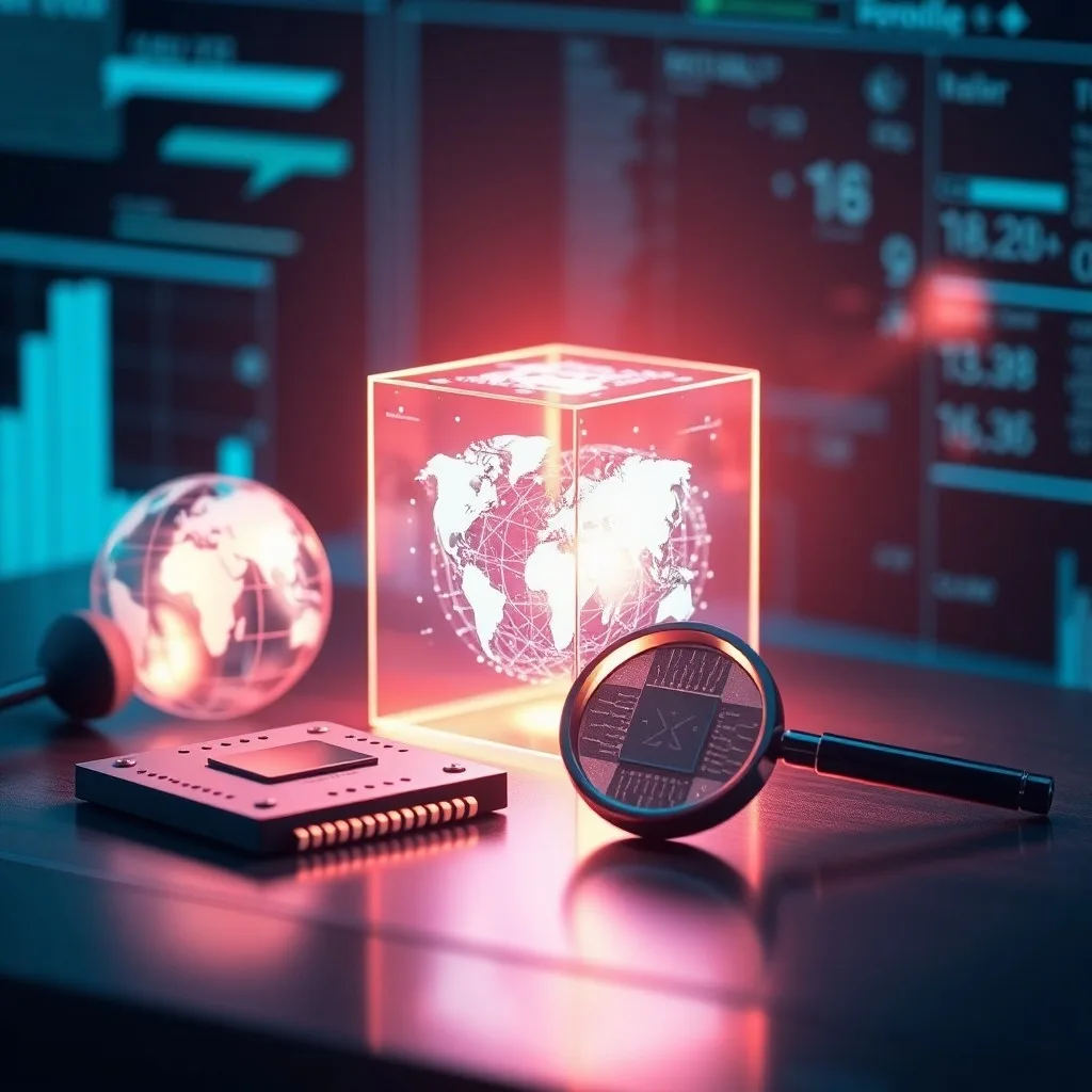 Ilustración 3D de nodos de datos interconectados formando una red neuronal abstracta, con líneas brillantes que representan el flujo de información y el procesamiento de datos.