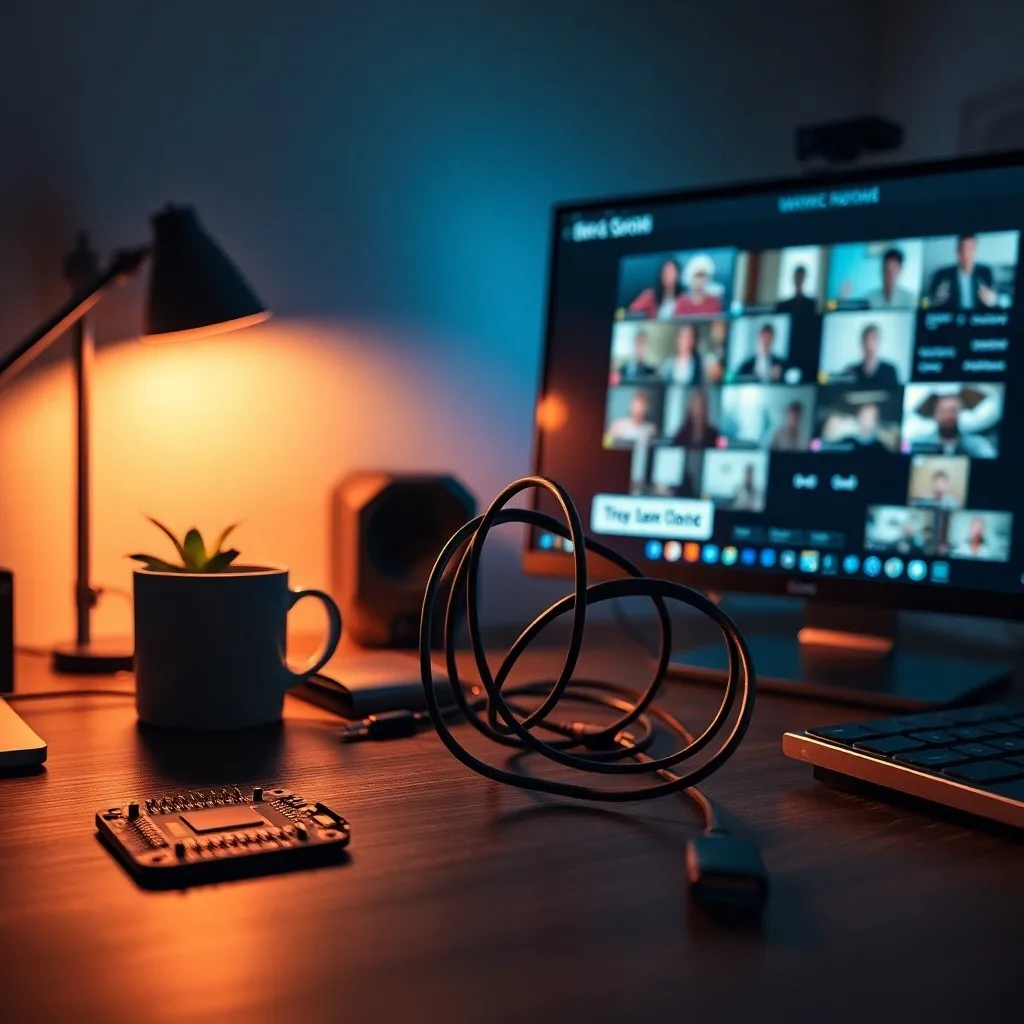Escritorio de oficina en casa ergonómico con laptop, auriculares y planta, simbolizando el bienestar en el trabajo híbrido.