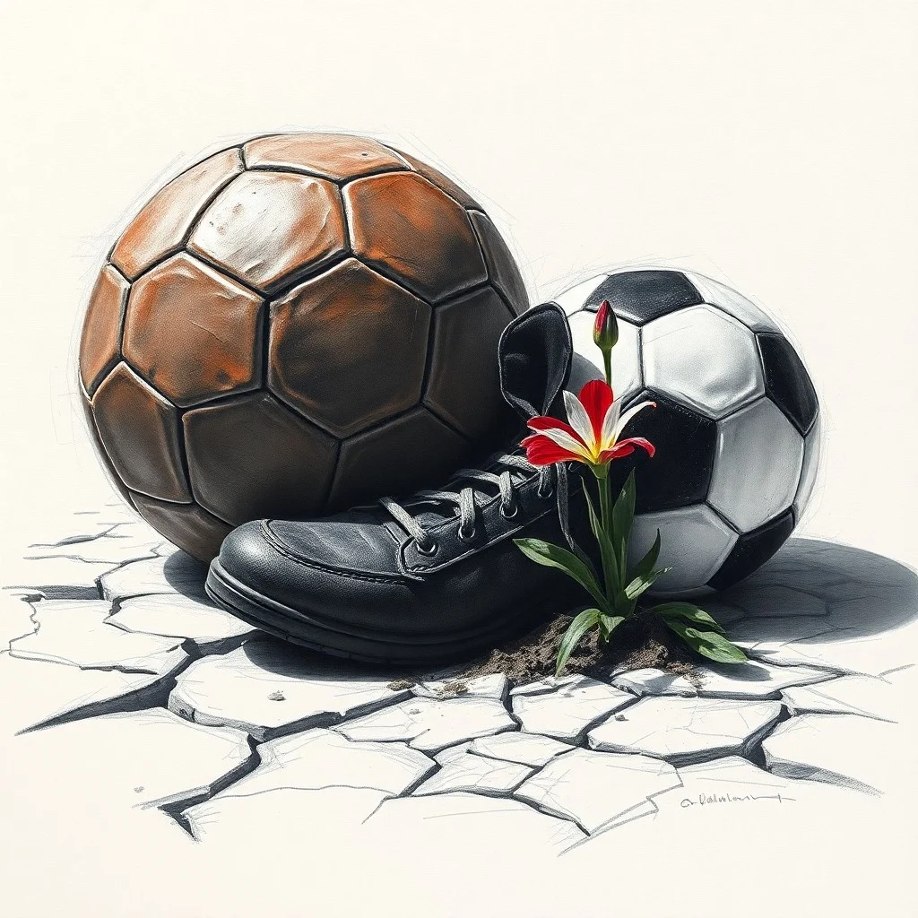 Pintura conceptual en acuarela de un balón de fútbol sobre un podio, con un cristal roto encima y luz filtrándose, simbolizando la superación de barreras y la lucha por la igualdad.