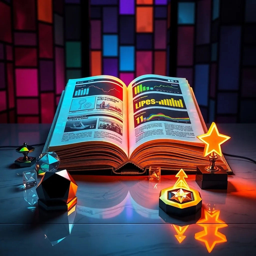 Escritorio vintage con tablet, libros y un trofeo dorado, simbolizando la fusión de educación tradicional y gamificada