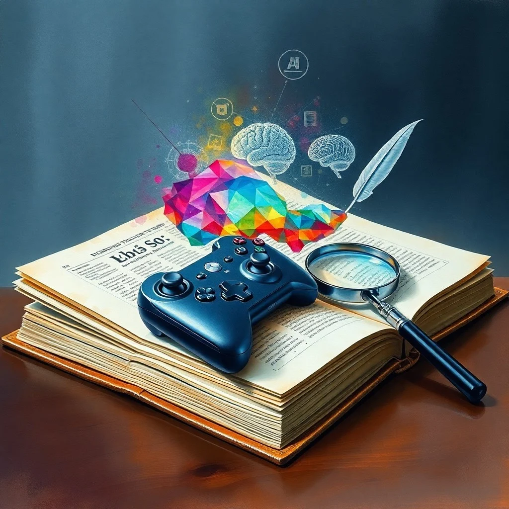 Naturaleza muerta con una tableta moderna mostrando un juego educativo sobre un escritorio antiguo con un libro y una pluma.