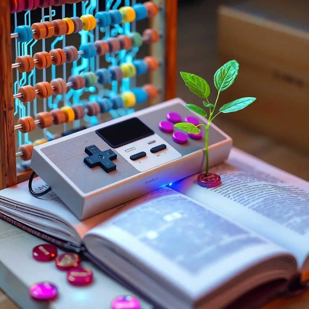 Render 3D abstracto de engranajes y vías neuronales que forman un cerebro, con insignias y barras de progreso flotando alrededor.