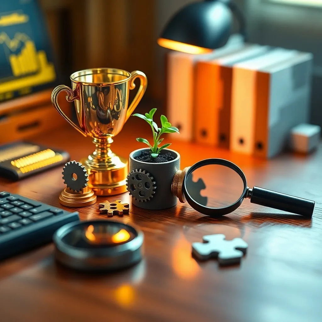 Bodegón de objetos que representan la motivación y las recompensas: un trofeo, insignias y una barra de progreso