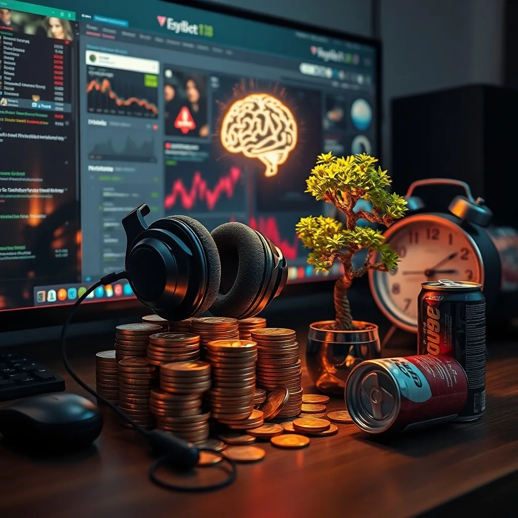 Gráfico financiero estilizado emergiendo de una consola de videojuegos, rodeado de monedas digitales y trofeos holográficos, simbolizando el auge económico del gaming.