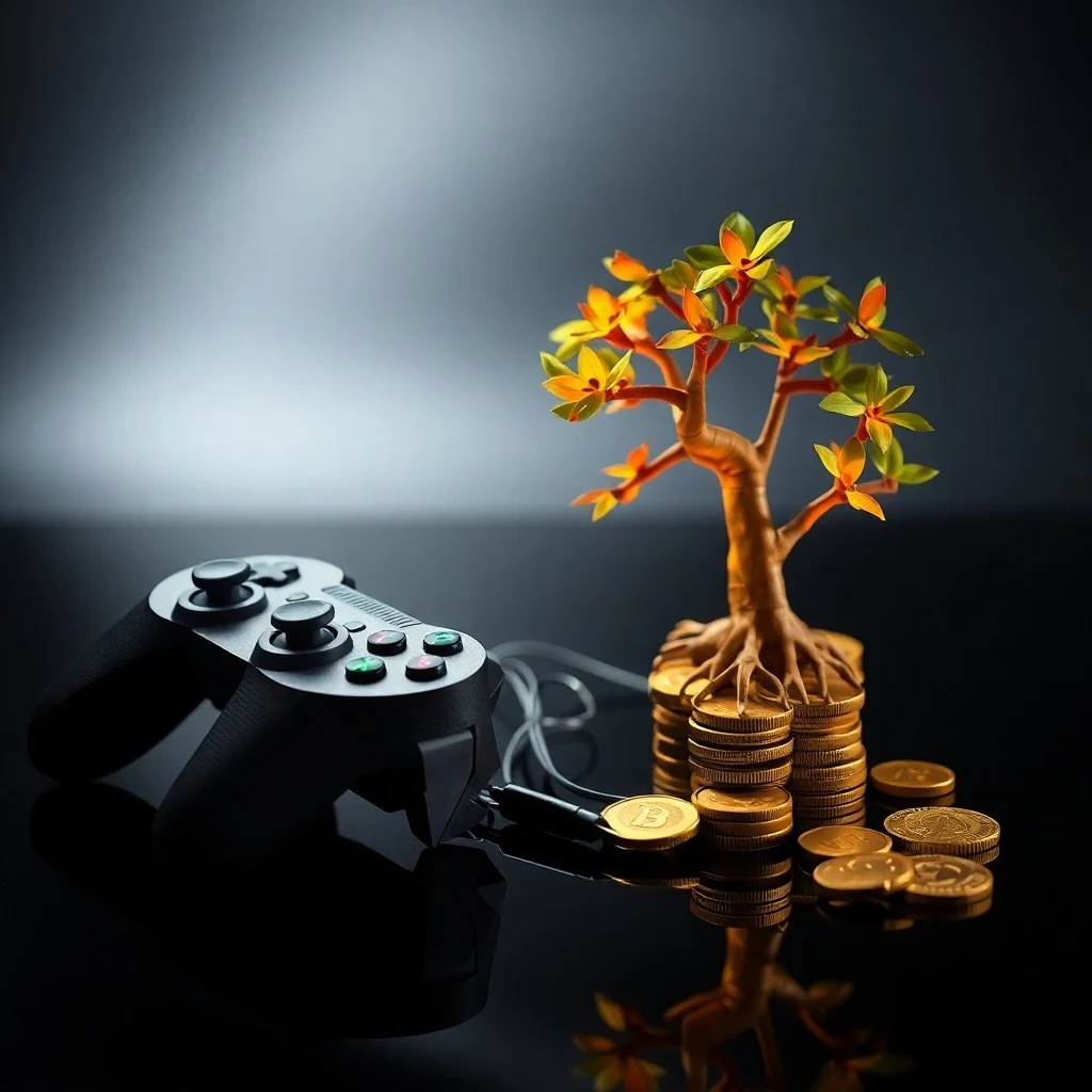 Representación abstracta de patrones cerebrales y redes neuronales entrelazadas con elementos de interfaz de usuario de juegos, simbolizando la interacción psicológica del gaming.
