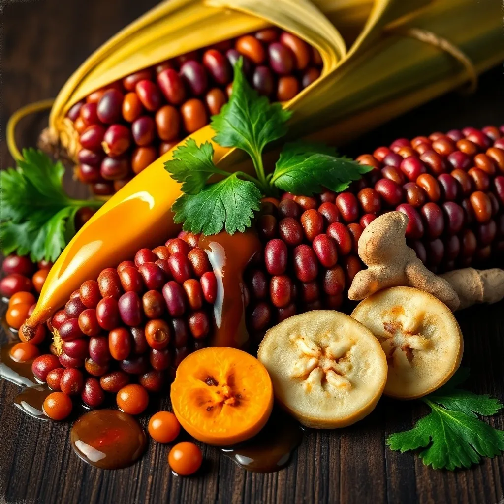 Primer plano de especias y hierbas como ají amarillo, cilantro y jengibre mezclándose