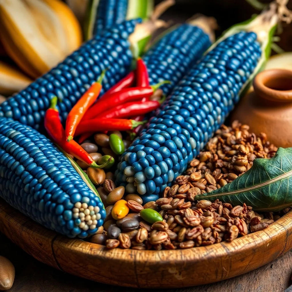 Bodegón cinemático de metate con maíz y chiles secos