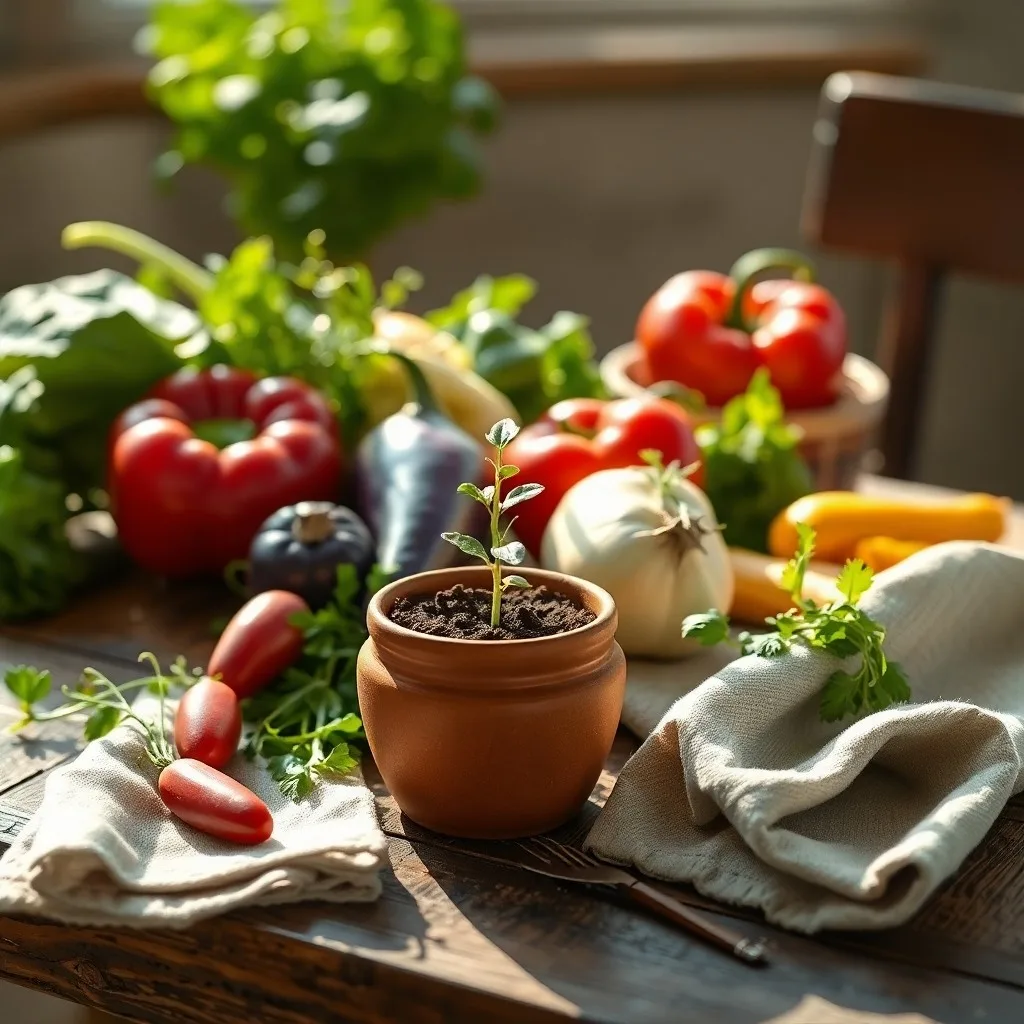 Fotografía cinematográfica de bodegón: una mesa rústica de madera con una abundante y colorida variedad de frutas y verduras de temporada y origen local, como tomates reliquia, bayas orgánicas y pan artesanal, con hierbas frescas, con luz natural que entra por una ventana, enfatizando la textura y la frescura.