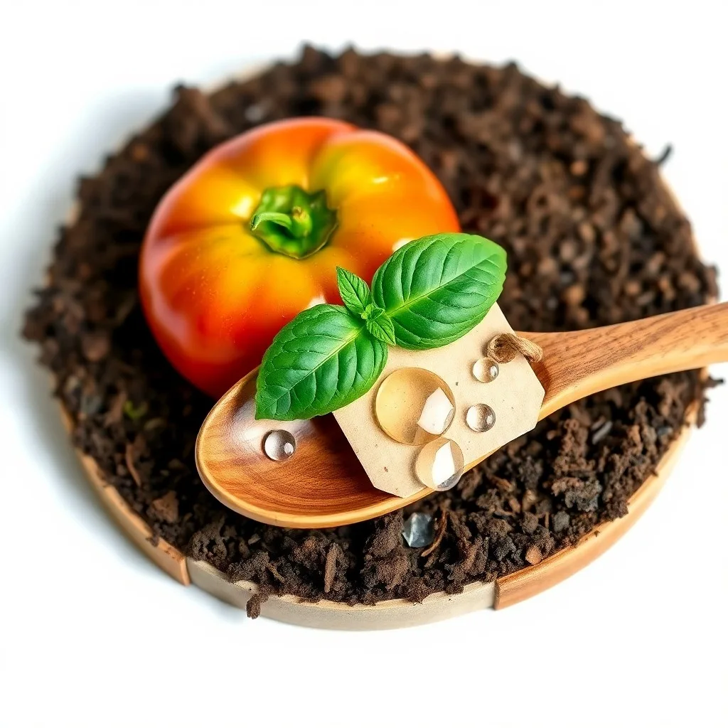 Arte conceptual de una economía circular en alimentos: raíces y ramas entrelazadas formando un bucle, con contenedores de compostaje, símbolos de energía renovable y una textura de suelo saludable, todo renderizado en tonos tierra y líneas limpias.