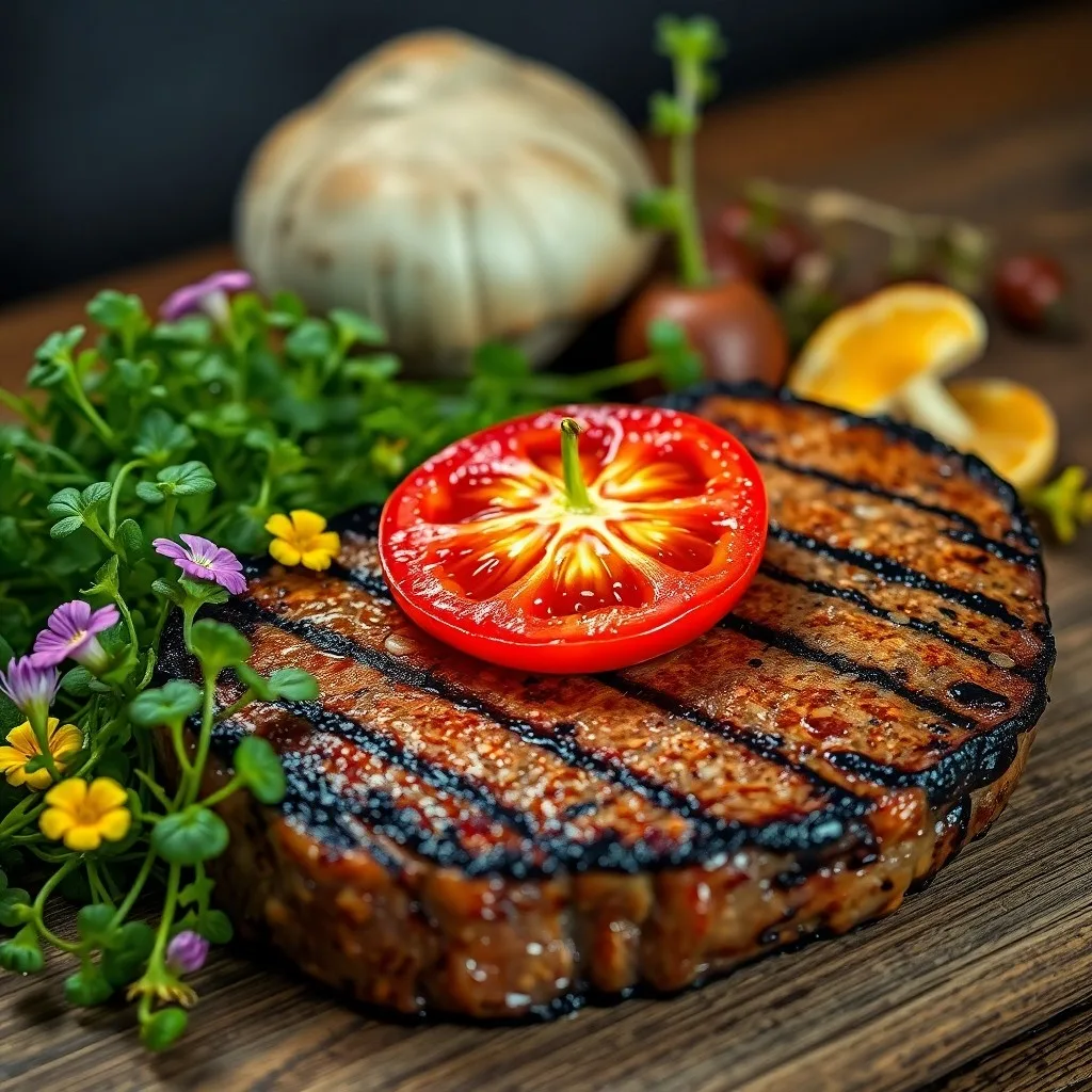 Arte conceptual de un cuchillo de chef sobre una tabla, con un plano abstracto de moléculas vegetales