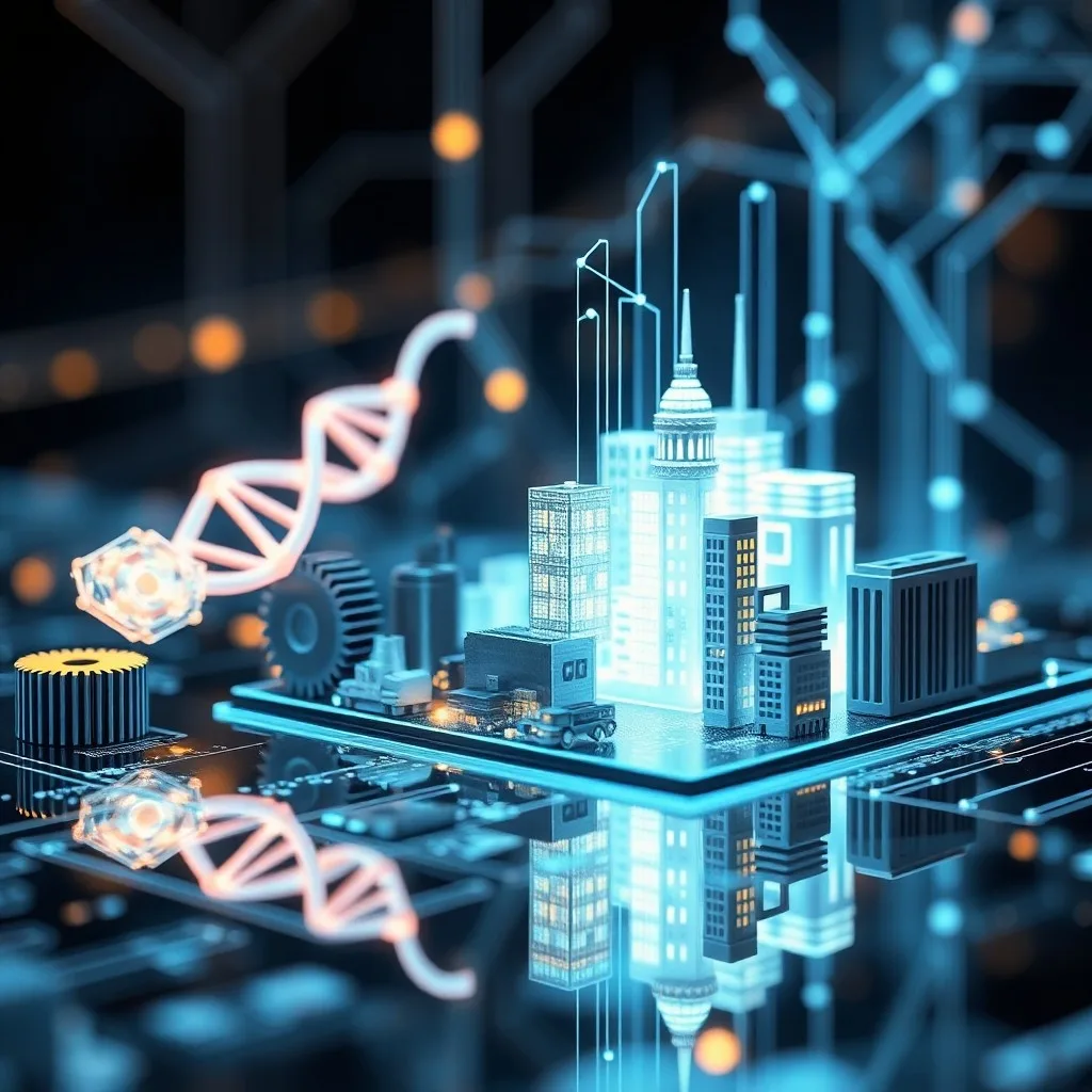 Meticuloso banco de trabajo con equipos industriales en miniatura, sensores y proyecciones holográficas de datos, destacando la precisión y el análisis predictivo en la fabricación.