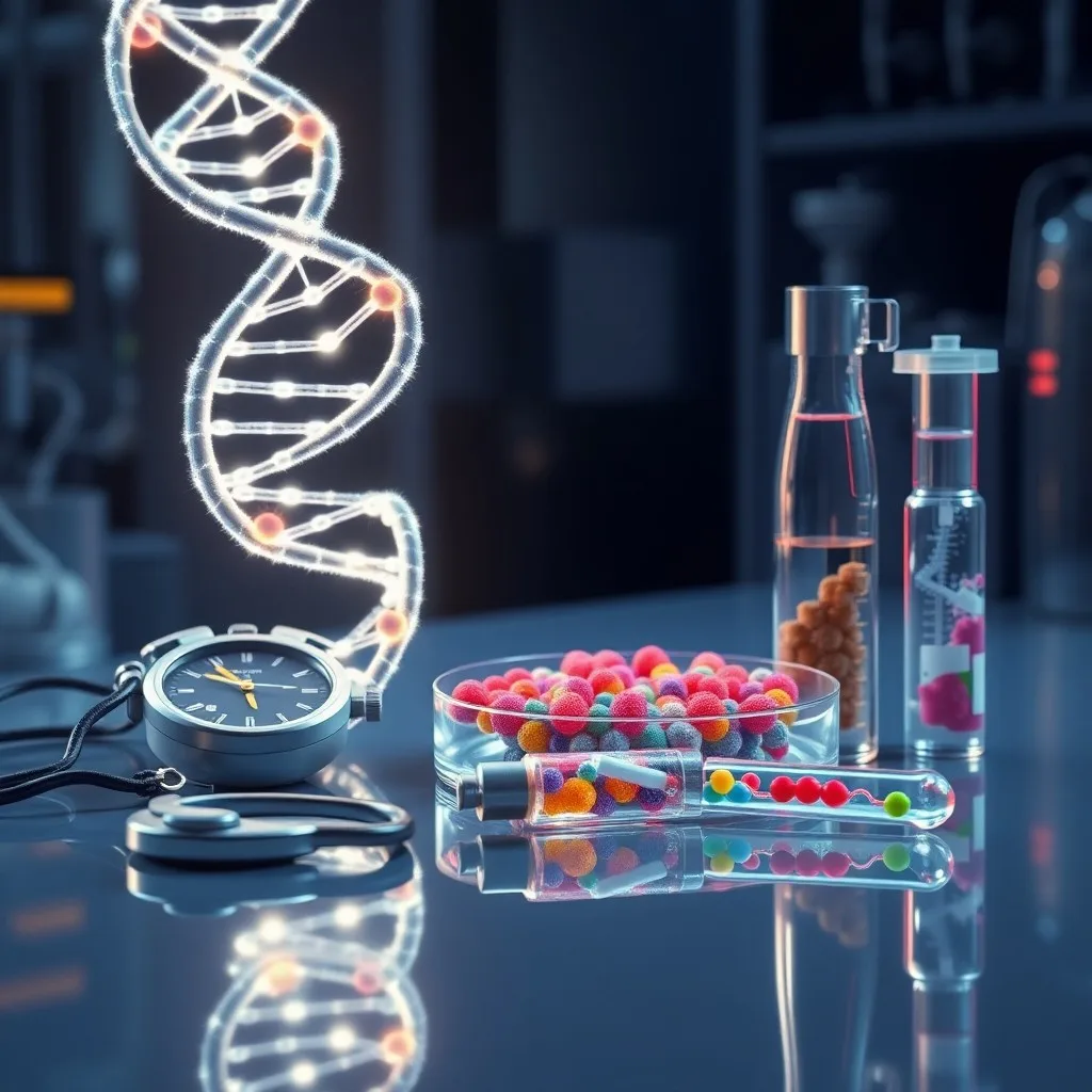 Ilustración 3D de sistema digestivo con flujos de datos genómicos y microbiológicos