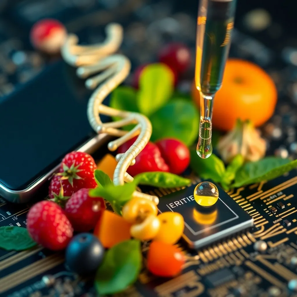 Doble hélice de ADN formada por frutas y verduras vibrantes, simbolizando la nutrición genética.