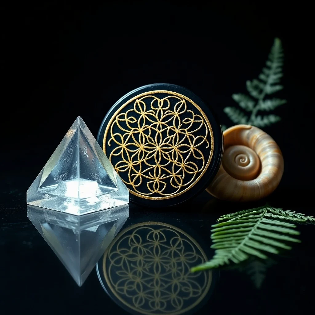 Una concha de nautilus, una cabeza de girasol y una piña sobre una mesa de madera, exhibiendo la espiral de Fibonacci y la proporción áurea
