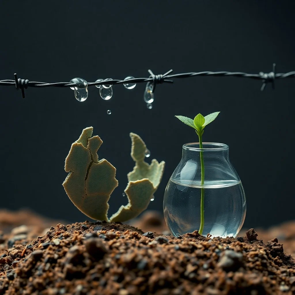 Fotografía cinematográfica de antiguas tablillas de piedra con inscripciones sobre agua y tratados, sobre tierra agrietada.