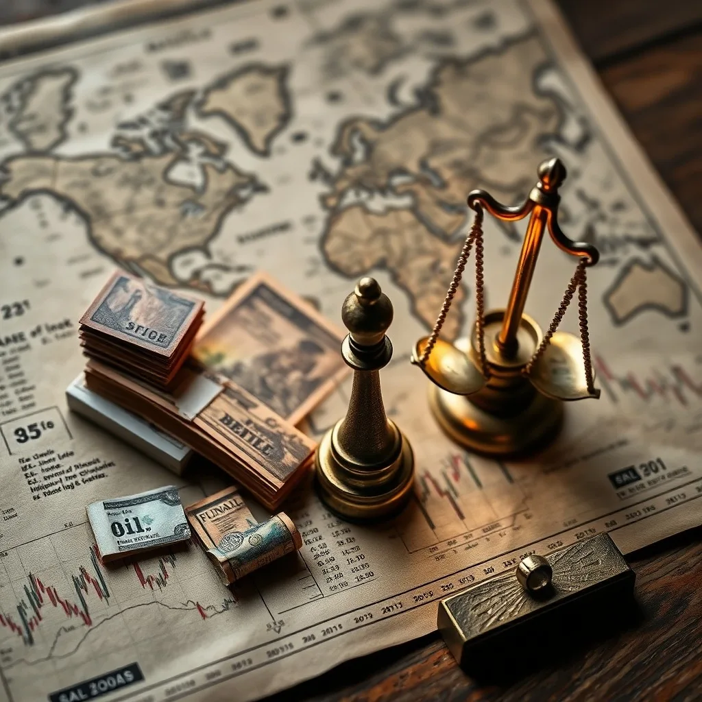 Pintura al óleo conceptual de una brújula antigua desorientada, rodeada de billetes quemados y una pieza de ajedrez caída, sobre un mapa global abstracto, simbolizando la incertidumbre y el riesgo geopolítico en las finanzas.
