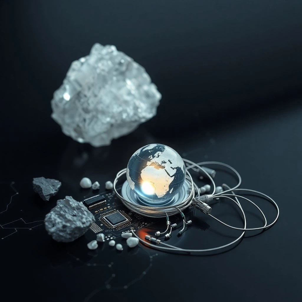 Brújula antigua apuntando a un globo, rodeada de microchips y paneles solares