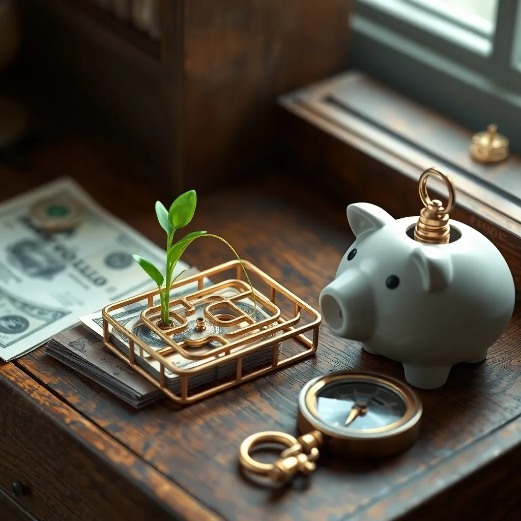 Un antiguo libro de contabilidad abierto en un escritorio oscuro, con tarjetas de crédito y un reloj de arena, simbolizando la carga financiera y el paso del tiempo.