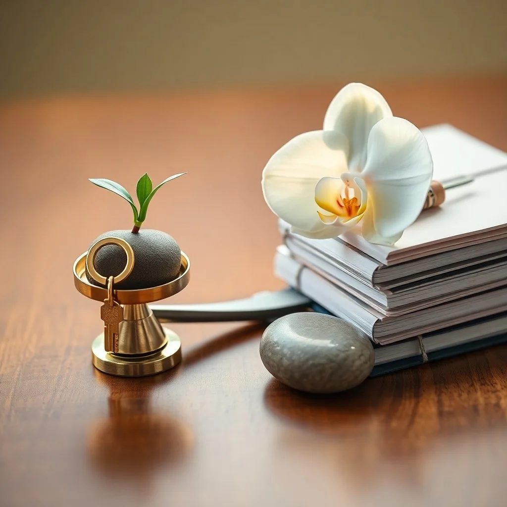 Escena de bodegón cinematográfico de un escritorio organizado con una planta verde, una balanza equilibrada, un diario abierto con afirmaciones positivas y una taza de té de hierbas, todo bañado en luz suave y cálida de la mañana. Fotografía macro, enfocada en texturas y atmósfera serena.