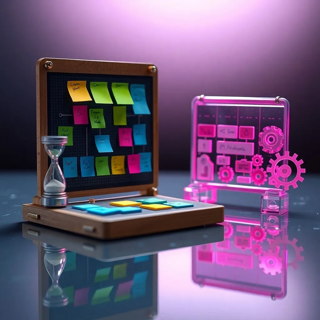Representación isométrica 3D de un tablero Kanban con notas adhesivas de colores y tarjetas de tareas, junto a un temporizador digital y una pila de tarjetas de backlog. La iluminación suave resalta los objetos en un escritorio minimalista.
