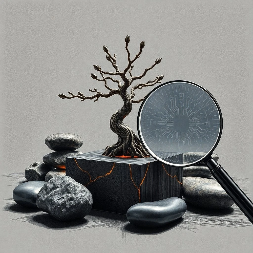 Arte conceptual, composición minimalista serena con una pila equilibrada de piedras pulidas (piedras zen) junto a un orbe delicado y brillante, todo sobre una superficie reflectante con un fondo suave y desenfocado.