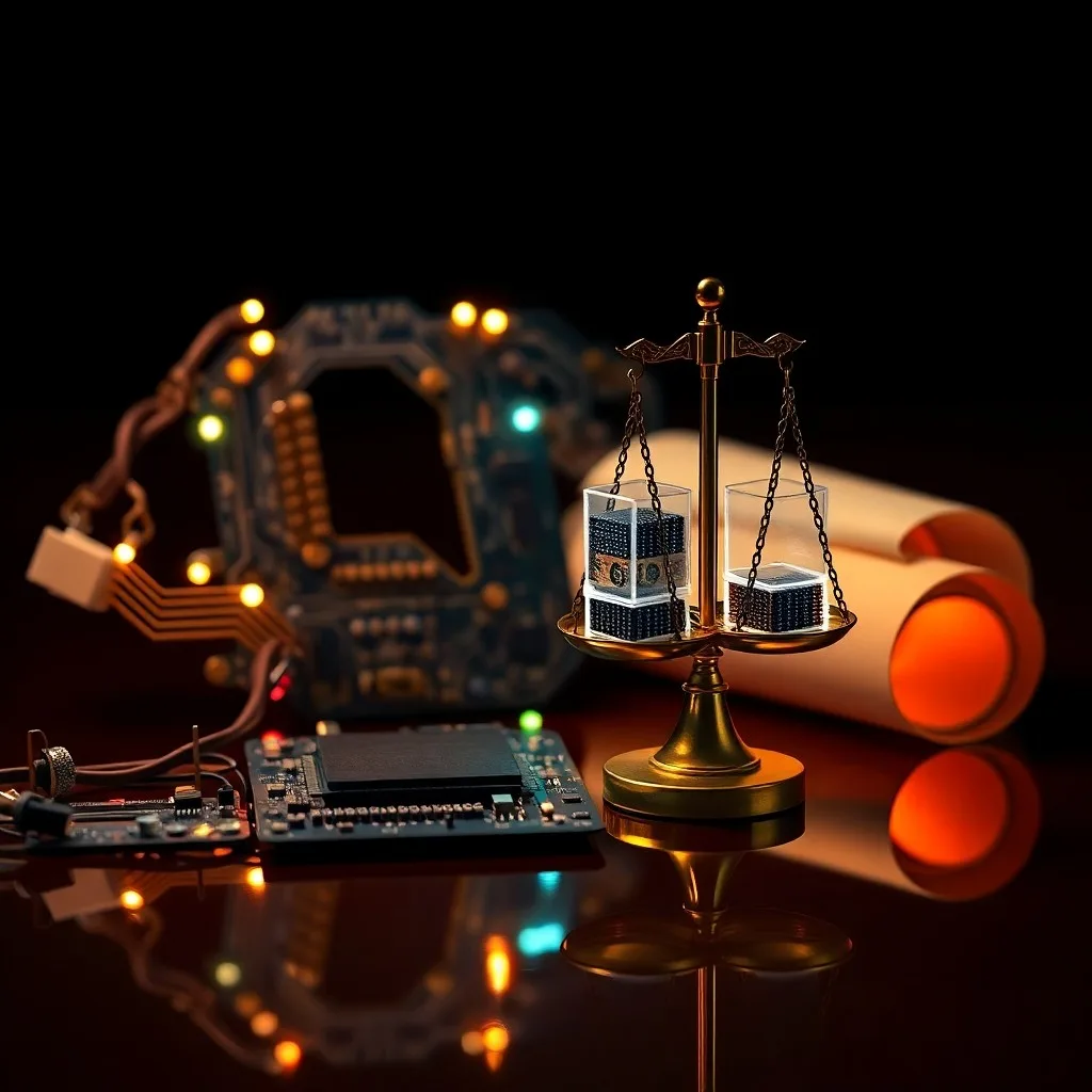 Una balanza de latón antigua perfectamente equilibrada, con un plato que contiene símbolos digitales brillantes y el otro un mazo legal estilizado e iluminado, con iluminación dramática.