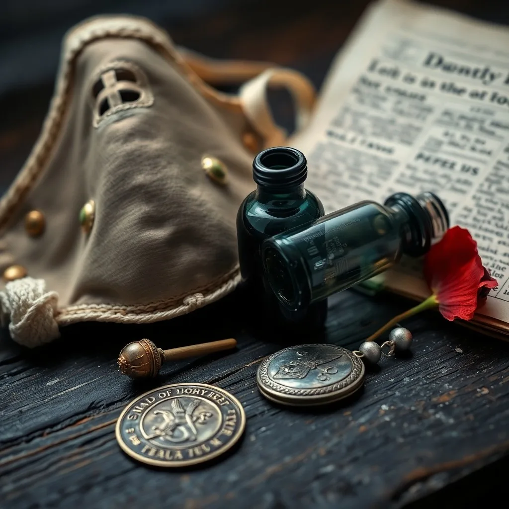 Detalle de un antiguo diario médico abierto junto a unas gafas de época y una mascarilla de gasa, evocando la investigación y las herramientas limitadas de la medicina de 1918.