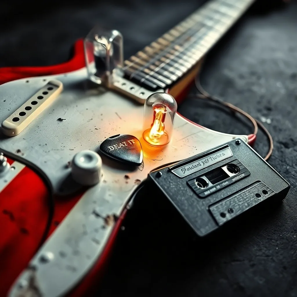 Una guitarra eléctrica vintage con rayas rojas, símbolo del legado de Van Halen, sobre un fondo de vinilos.