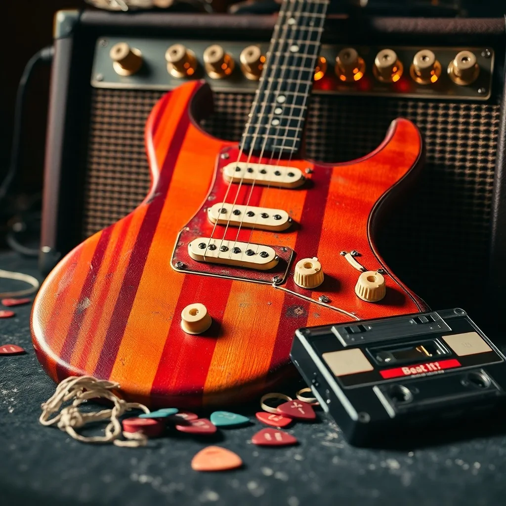 Fotografía still-life de una guitarra eléctrica vintage, posiblemente una 'Frankenstrat', apoyada en un estuche de terciopelo desgastado, con pedales de efectos antiguos y cables enredados, bajo una luz dramática que resalta las texturas. Sin personas.
