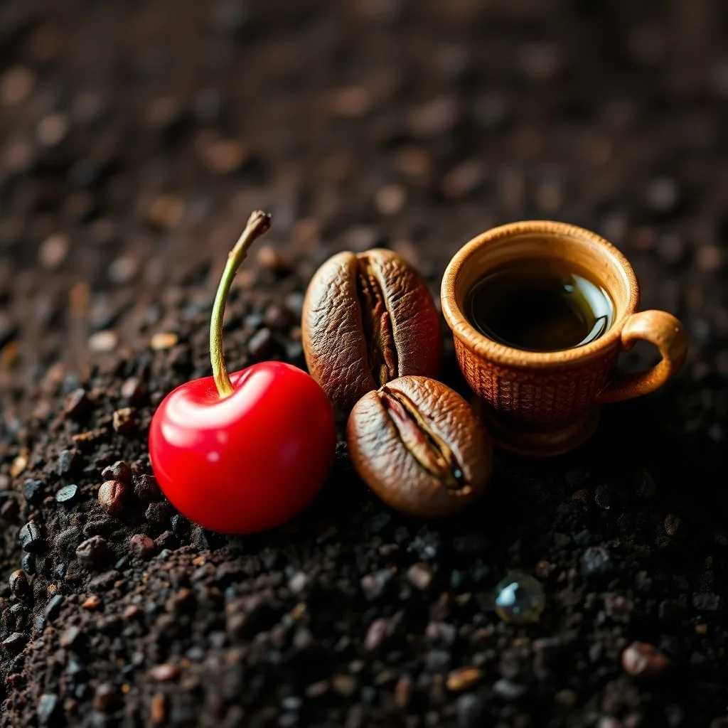 Herramientas antiguas de procesamiento de café, saco de granos verdes, cama de secado rústica