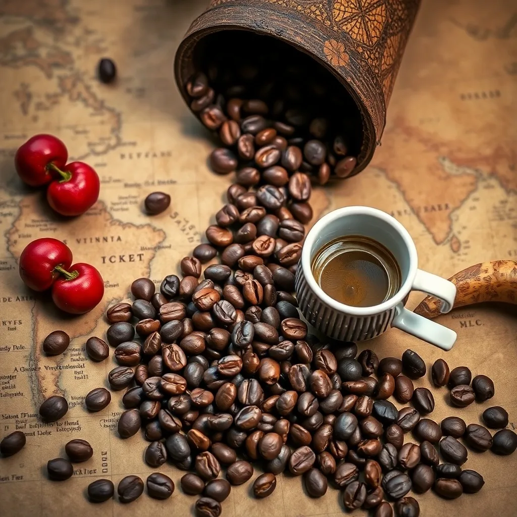 Renderizado 3D de granos de café Arabica y Robusta en frascos de vidrio, junto a equipos de preparación modernos en una cocina minimalista.