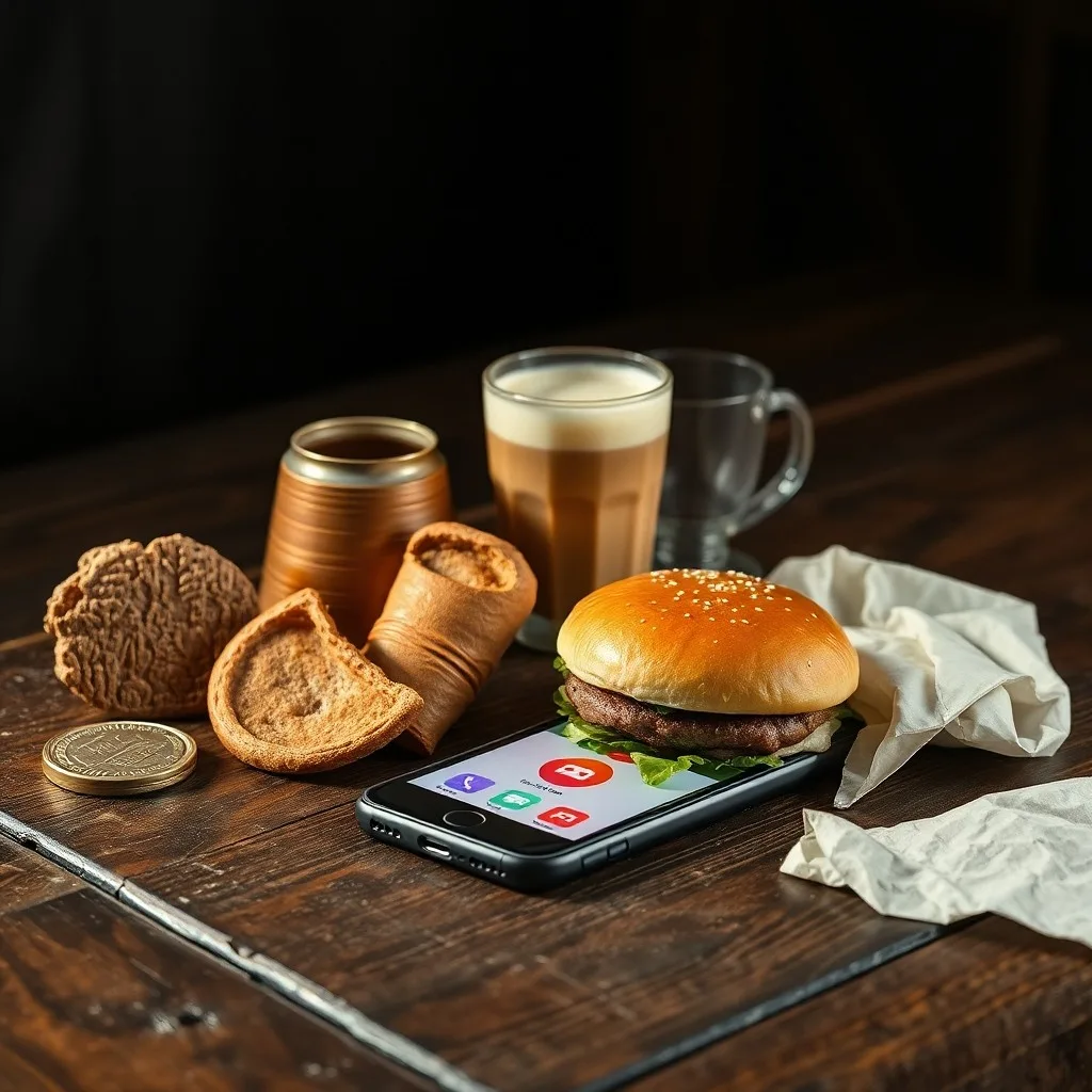 Fotografía cinematográfica de un clásico menú de hamburguesa, papas fritas y malteada en un mostrador de diner vintage