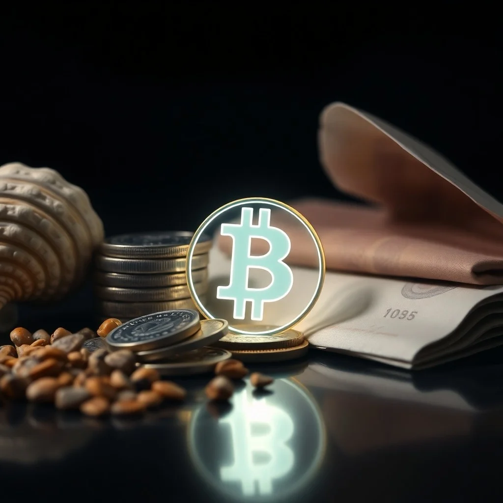 Renderizado 3D isométrico de billetes modernos apilados, una tarjeta de crédito en un smartphone con una aplicación bancaria y un símbolo holográfico de Bitcoin, sobre una superficie reflectante.