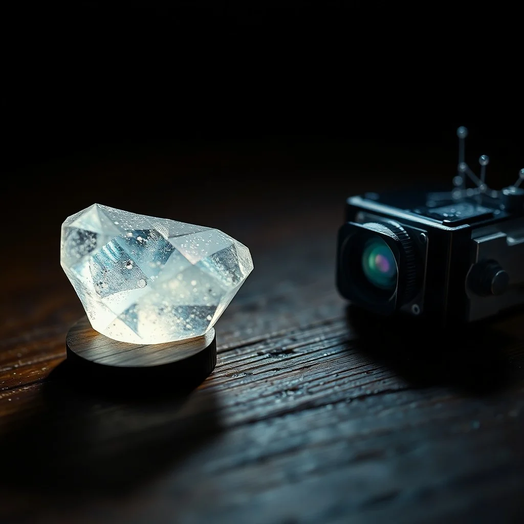 Bodegón cinematográfico de un cuarto oscuro, con un ampliador proyectando luz sobre una bandeja de revelado, rodeado de botellas de químicos, negativos de película y un temporizador antiguo, con iluminación ambiental dramática.