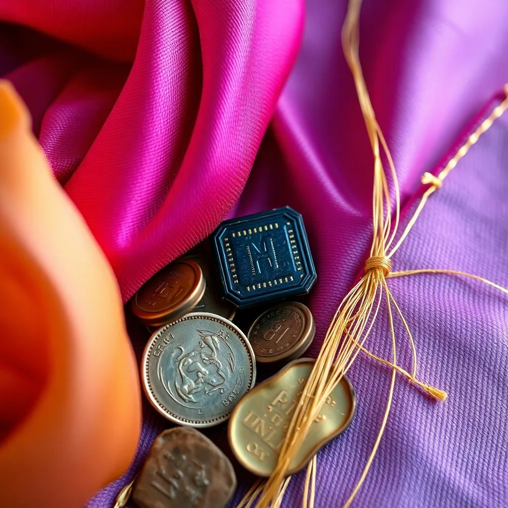 Antiguo rollo de seda con monedas y especias, simbolizando el comercio histórico