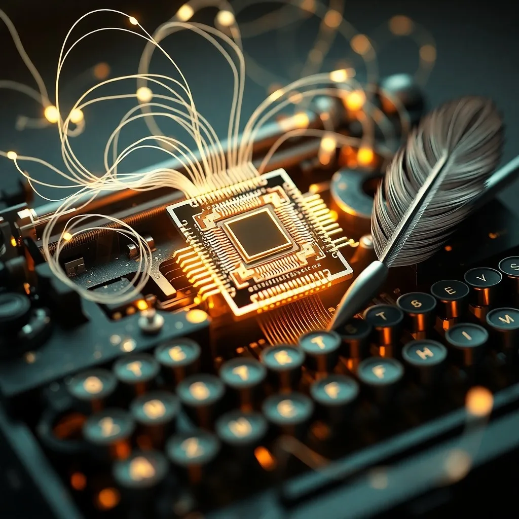 Máquina de escribir antigua con texto holográfico proyectado sobre tabletas digitales, chips de datos